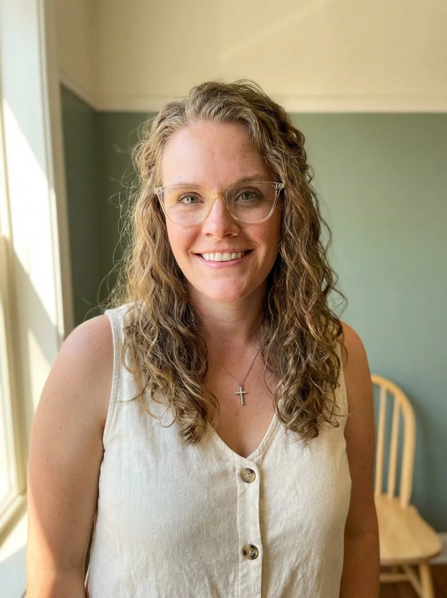 A woman with curly blonde hair, glasses, and a cross necklace smiling indoors.