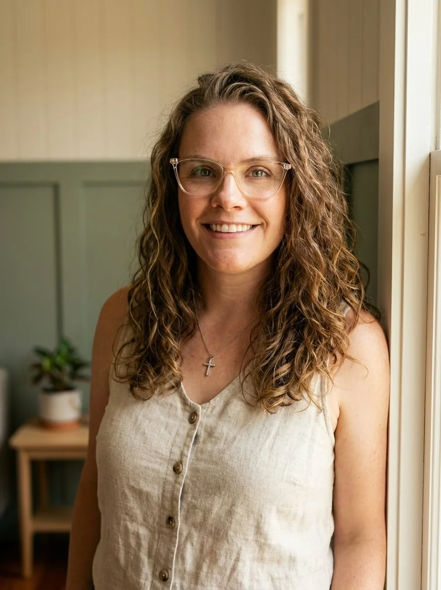 Woman with curly brown hair, glasses, and a necklace with a cross, smiling near a window.