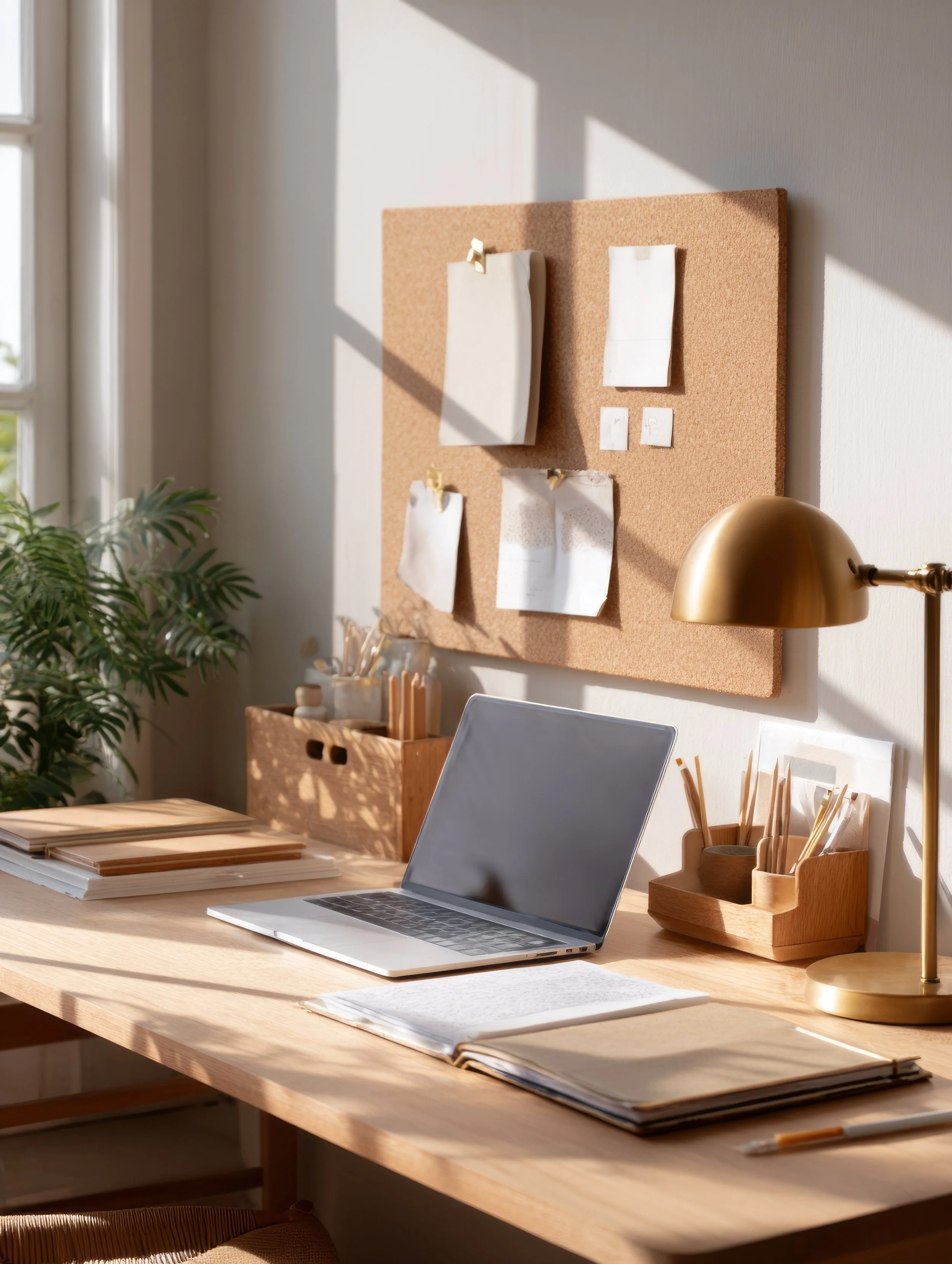 A neatly organized workspace with a wooden desk, an open laptop, stacks of papers, and a corkboard on the wall with notes and papers pinned, illuminated by sunlight, with a plant on the side and a gold desk lamp.