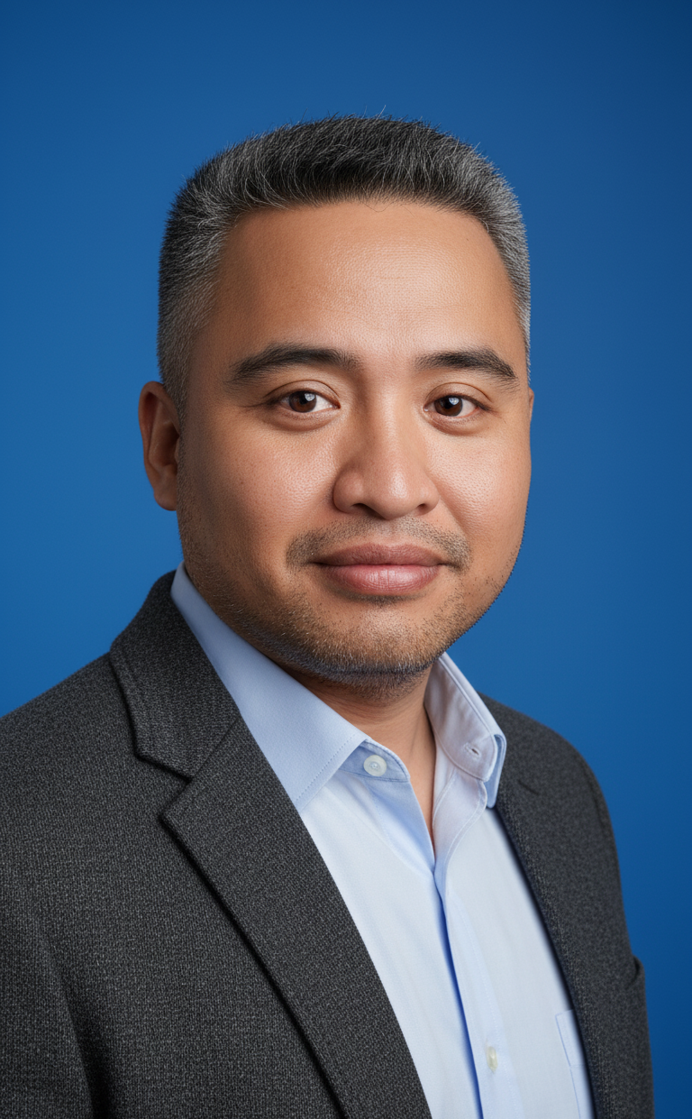 Headshot of a man with short gray hair, wearing a dark blazer and a light blue dress shirt, smiling slightly, against a solid blue background.