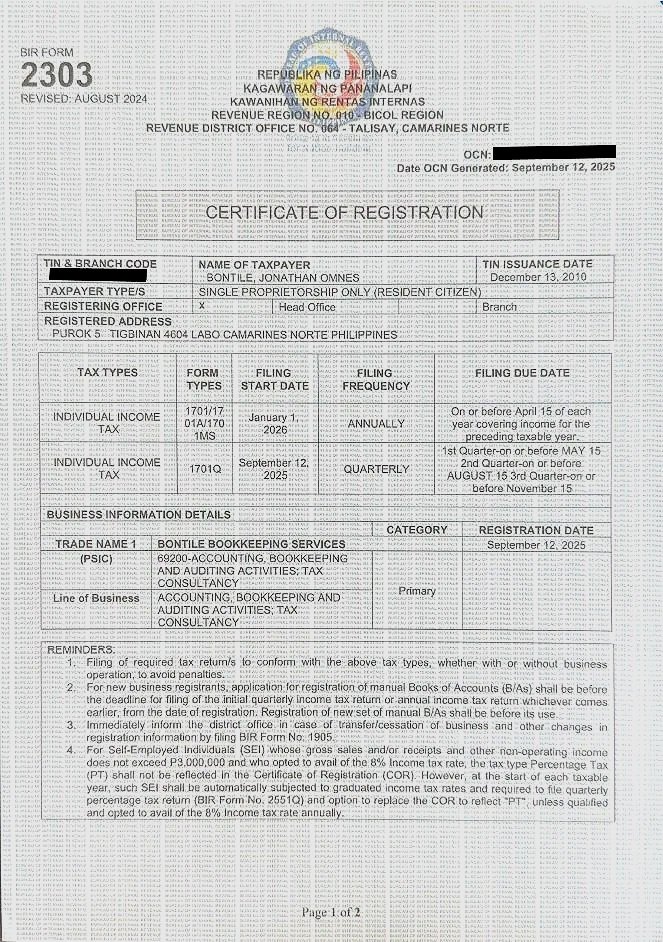 BIR Certificate of Registration
