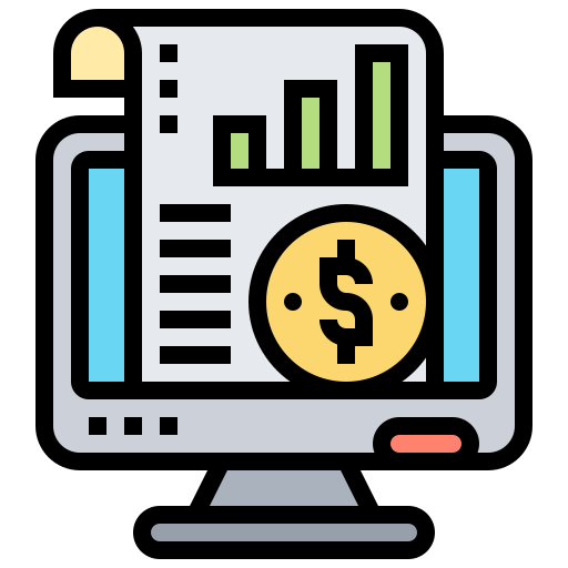 Computer screen displaying a bar chart, financial text, and a dollar sign