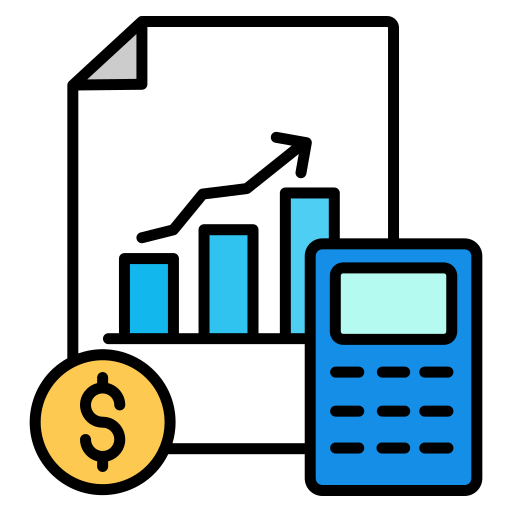 A financial chart showing an upward trend with a line graph and bars, a calculator, and a dollar coin.