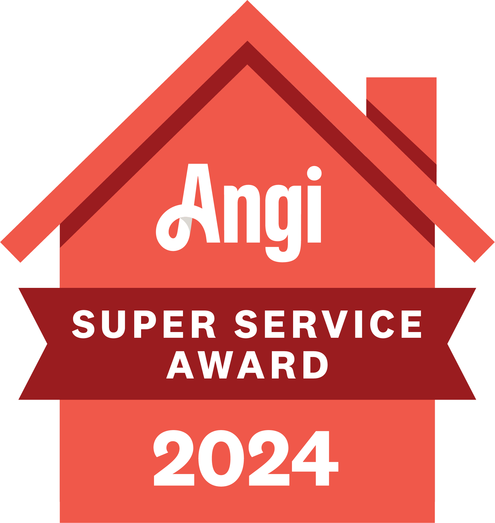 A house-shaped badge with the name 'Angi' at the top, a red ribbon in the middle with the text 'Super Service Award' and the year '2024' below.