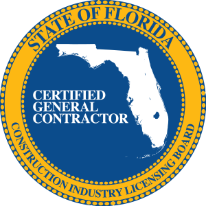 Seal of the State of Florida with text 'Certified General Contractor' and 'Construction Industry Licensing Board' around a map of Florida.