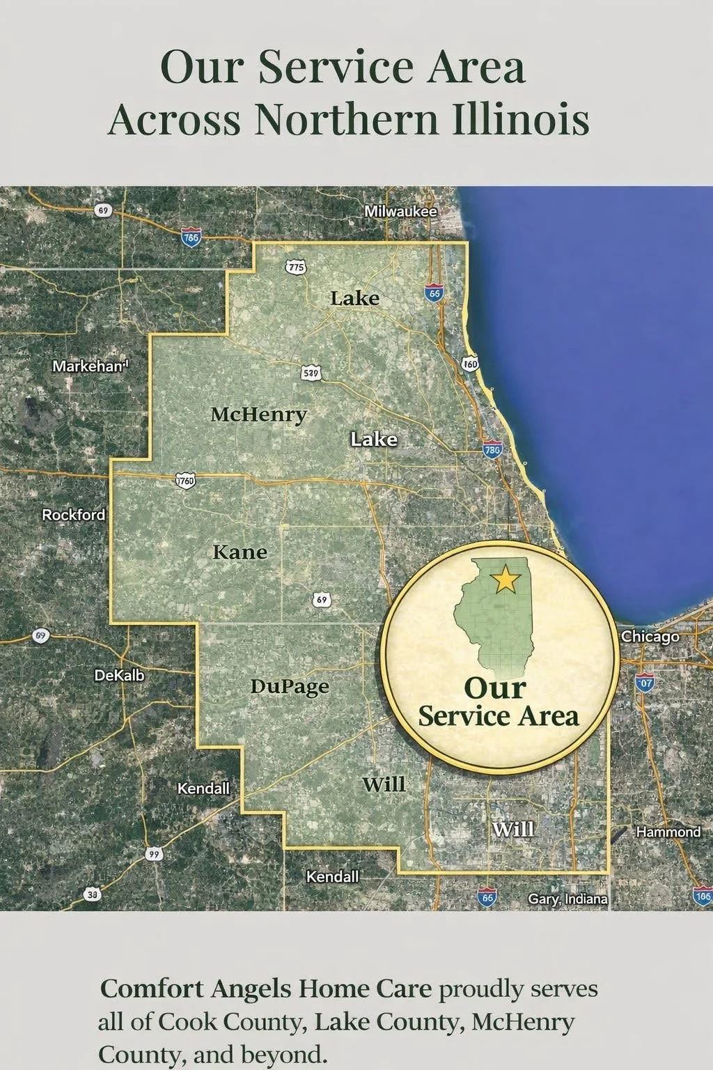 A map of the service area of Comfort Angels Home Care, which is map of Northern Illinois