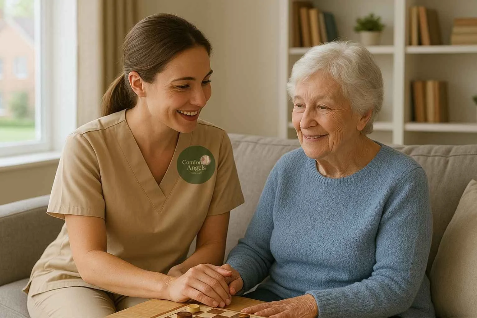A caregiver and an elderly woman smiling and holding hands while sitting on a couch in a living room.