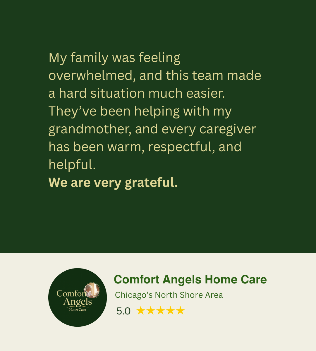 a review about how grateful they are for their help in caregiving. The comfort angels home care logo, Chicago's north shore area with 5 stars rating