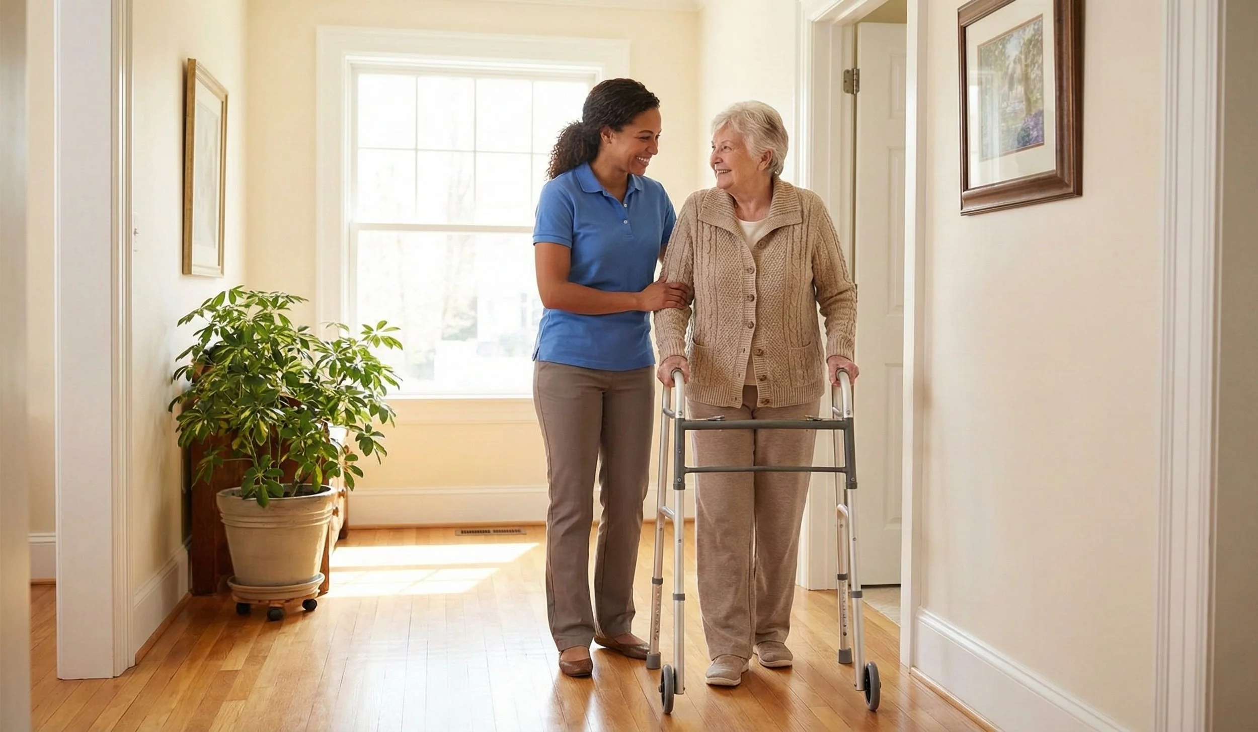 Caregiver providing mobility assistance to a senior woman using a walker during post-surgery recovery at home.