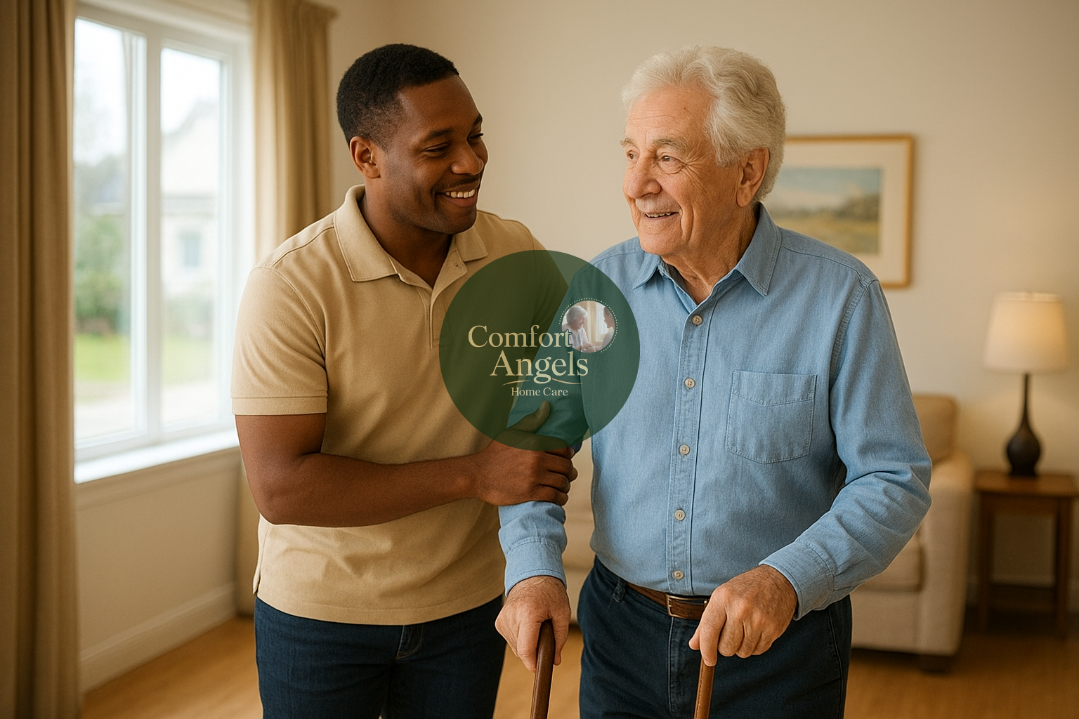 a male caregiver in a tan polo shirt assisting an elderly man as he walks with a cane.