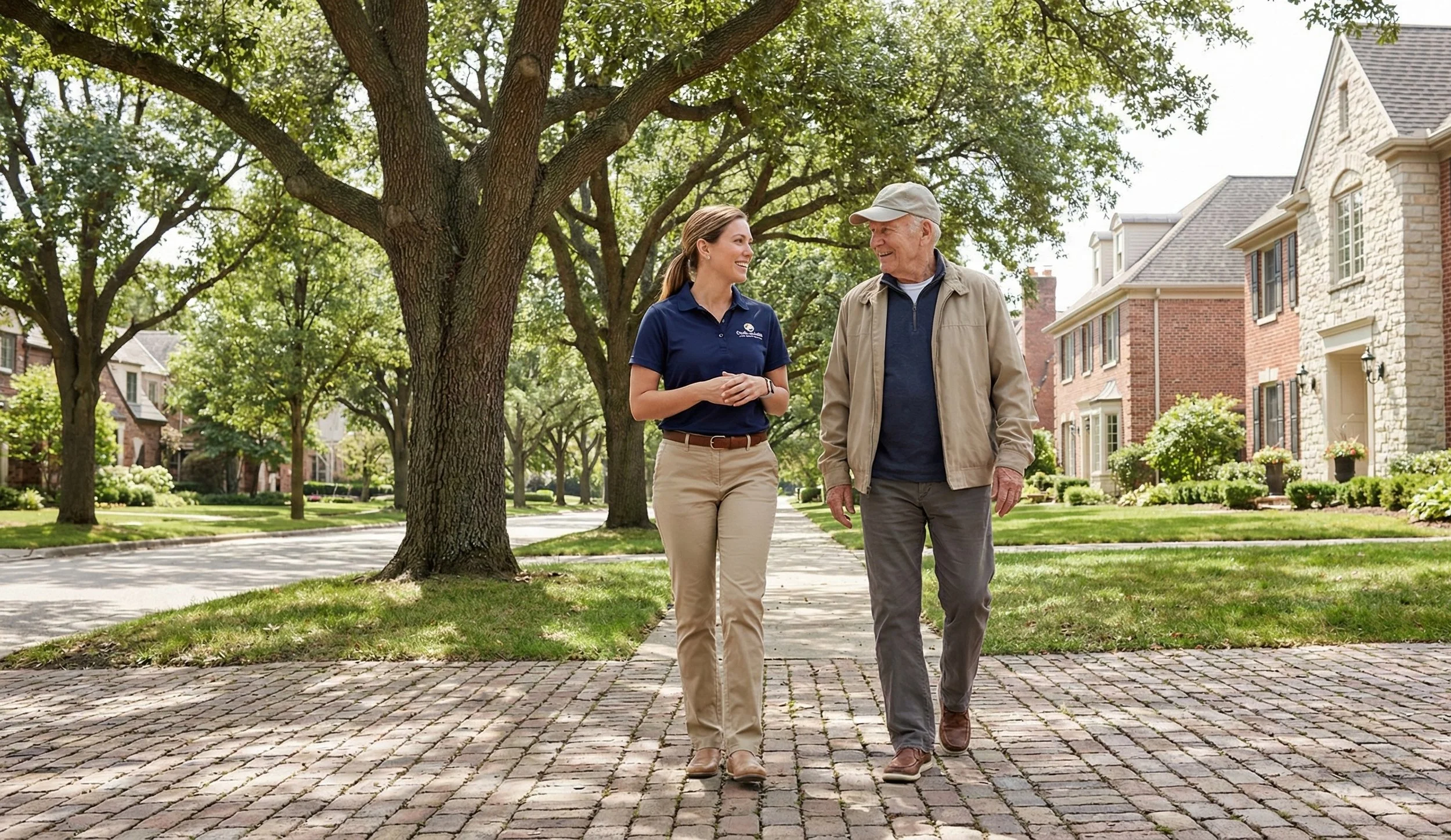 Caregiver and senior walking outdoors in a Winnetka neighborhood, highlighting local North Shore home care.