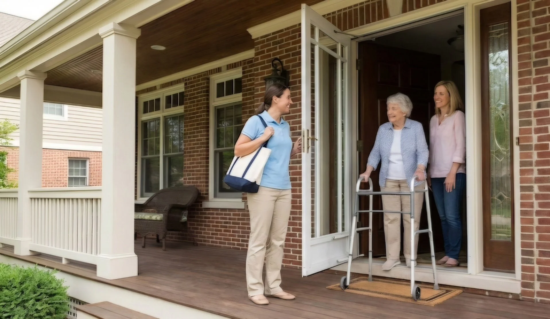 Caregiver arriving on time to a Wilmette home to assist a senior and their daughter.