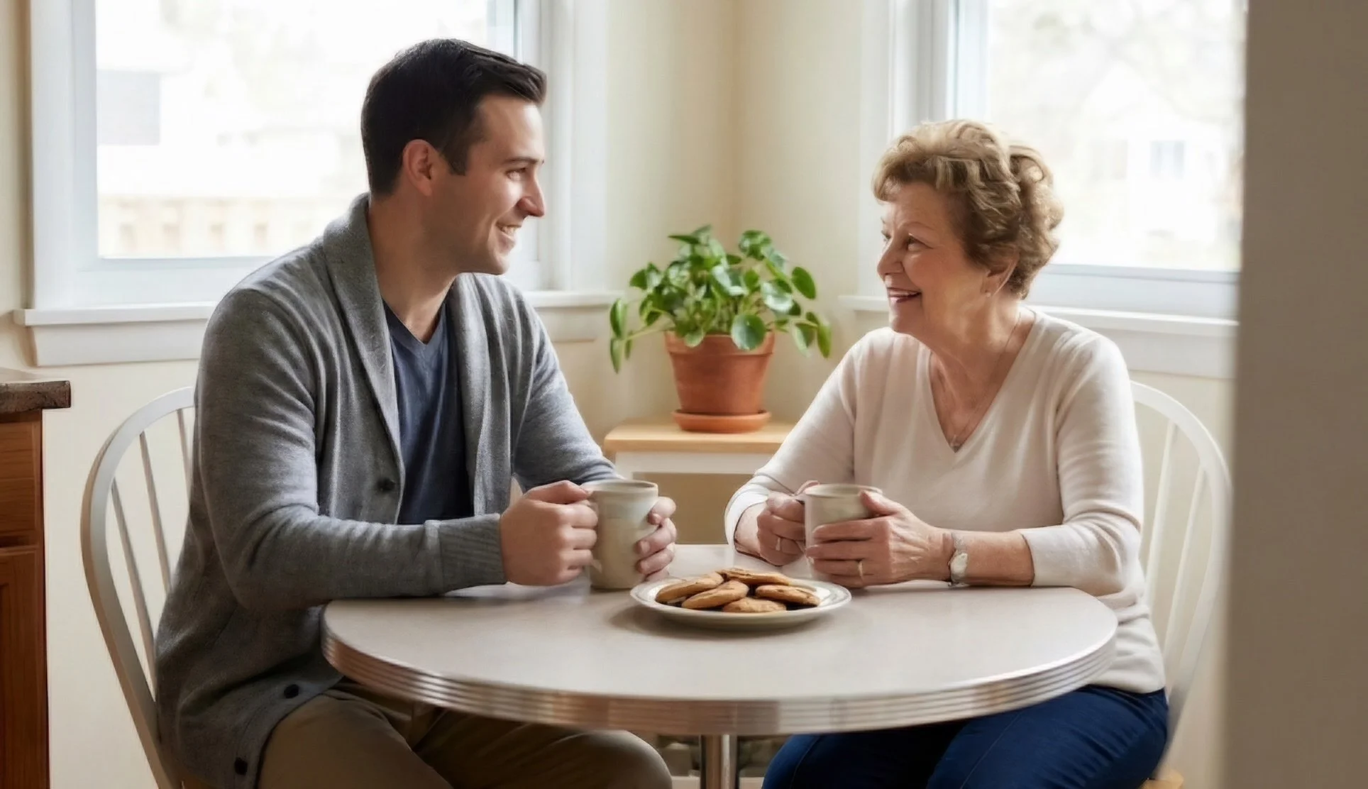 North Shore caregiver sharing conversation and coffee with an older adult.