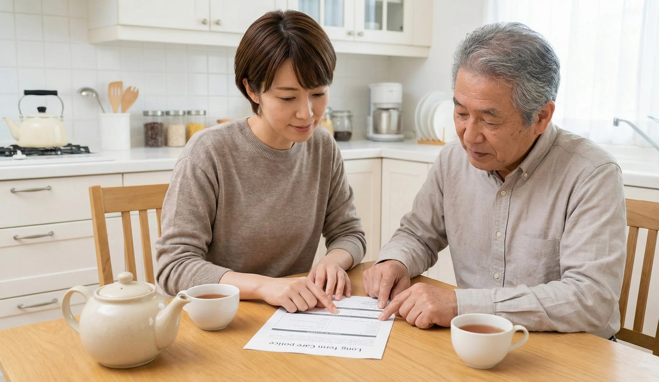 Family reviewing long-term care insurance paperwork and home care financial options at a kitchen table.
