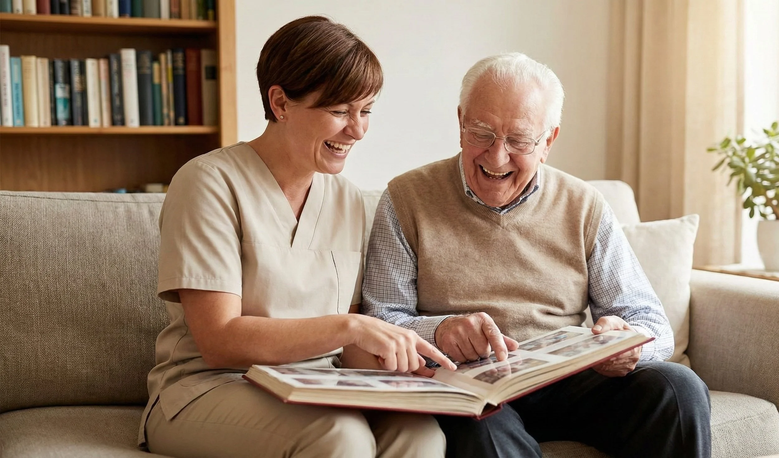 Senior man and caregiver laughing together while looking at photos, showing a perfect personality match.