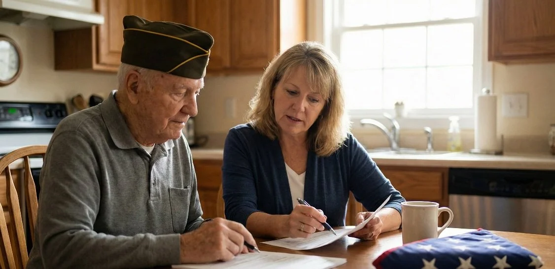Daughter helping North Shore veteran review VA care benefit paperwork