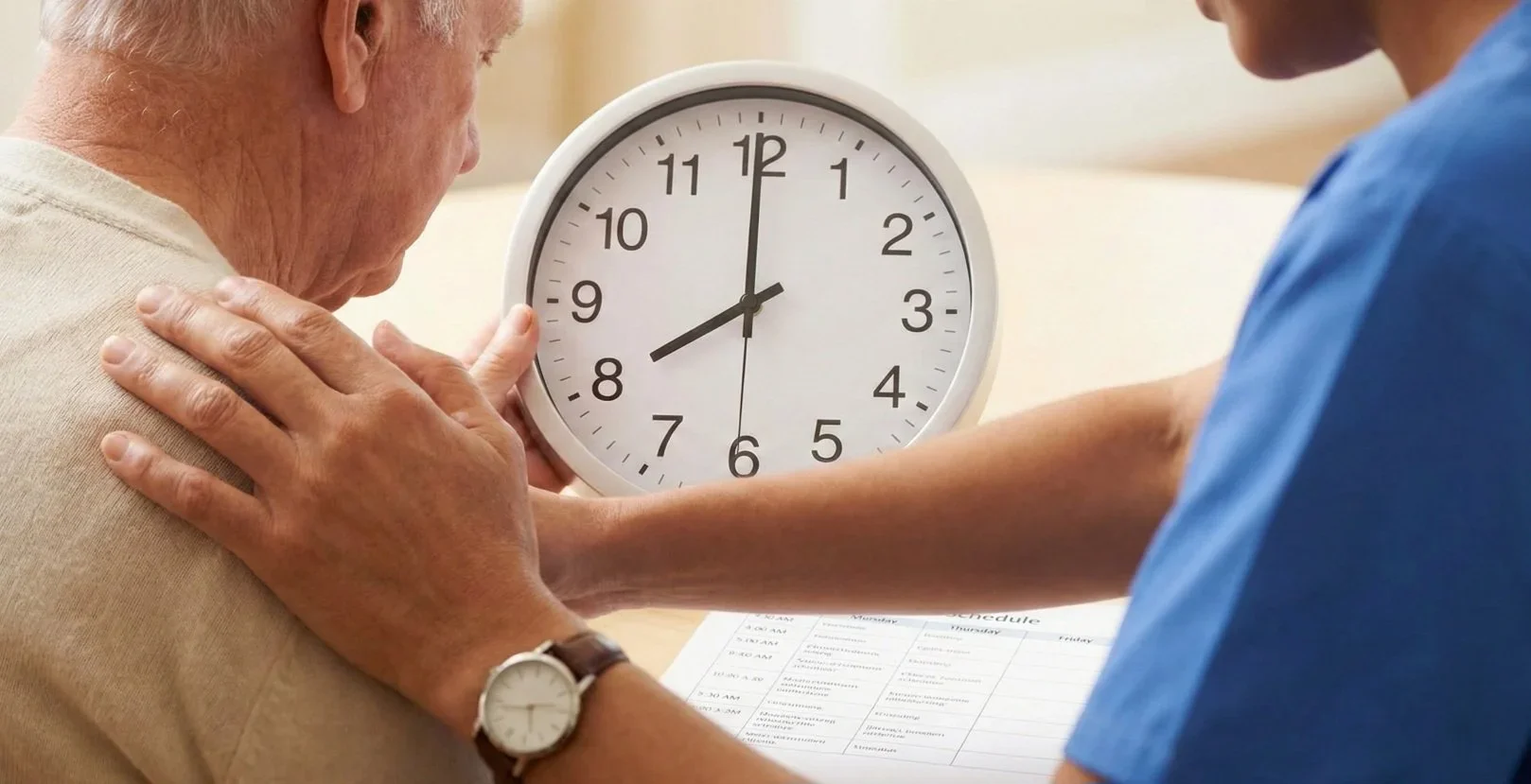 A healthcare worker assists an elderly man in adjusting a white analog wall clock showing 12:41. The elderly man wears a beige shirt and a wristwatch, while the worker is in a blue uniform. A schedule or planner is visible on the table.