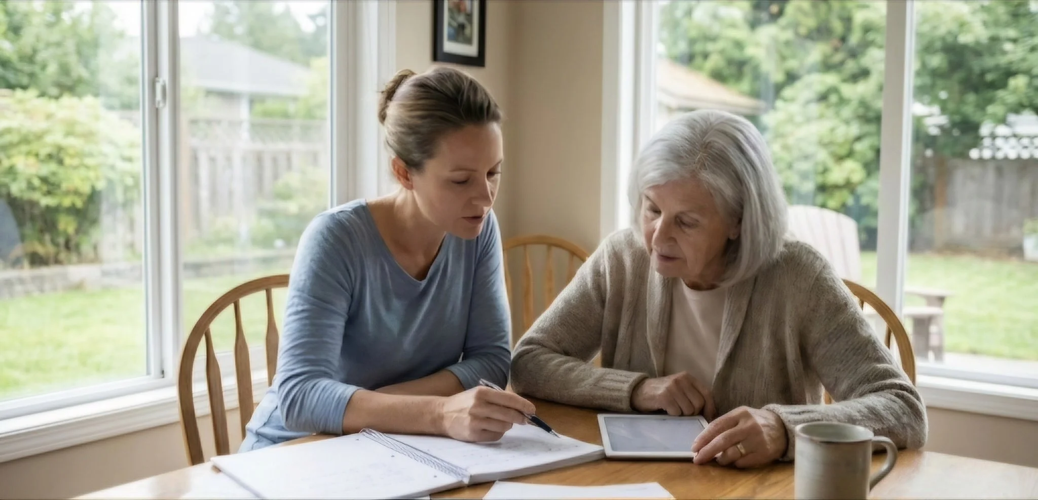 North Shore daughter reviewing care notes with her aging parent at home.