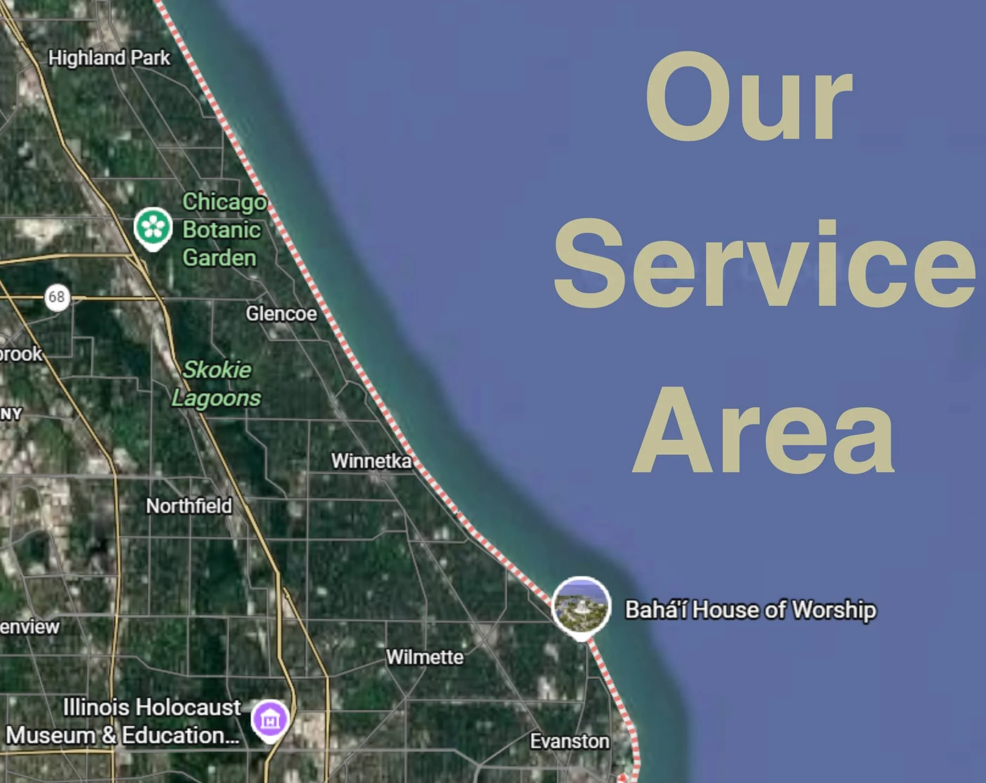 A map of the service area of Comfort Angels Home Care, which is map of Chicago's North Shore
