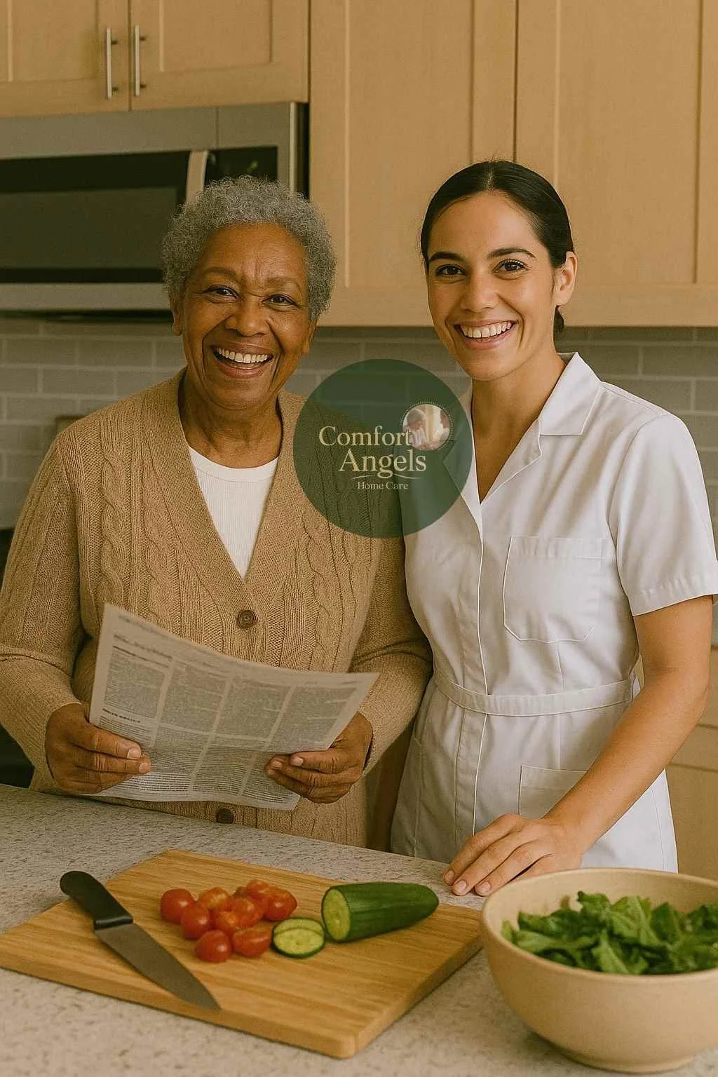 A caregiver and an elderly woman are standing in a kitchen, smiling warmly at the camera. Fresh vegetables and a cutting board are on the counter in front of them.