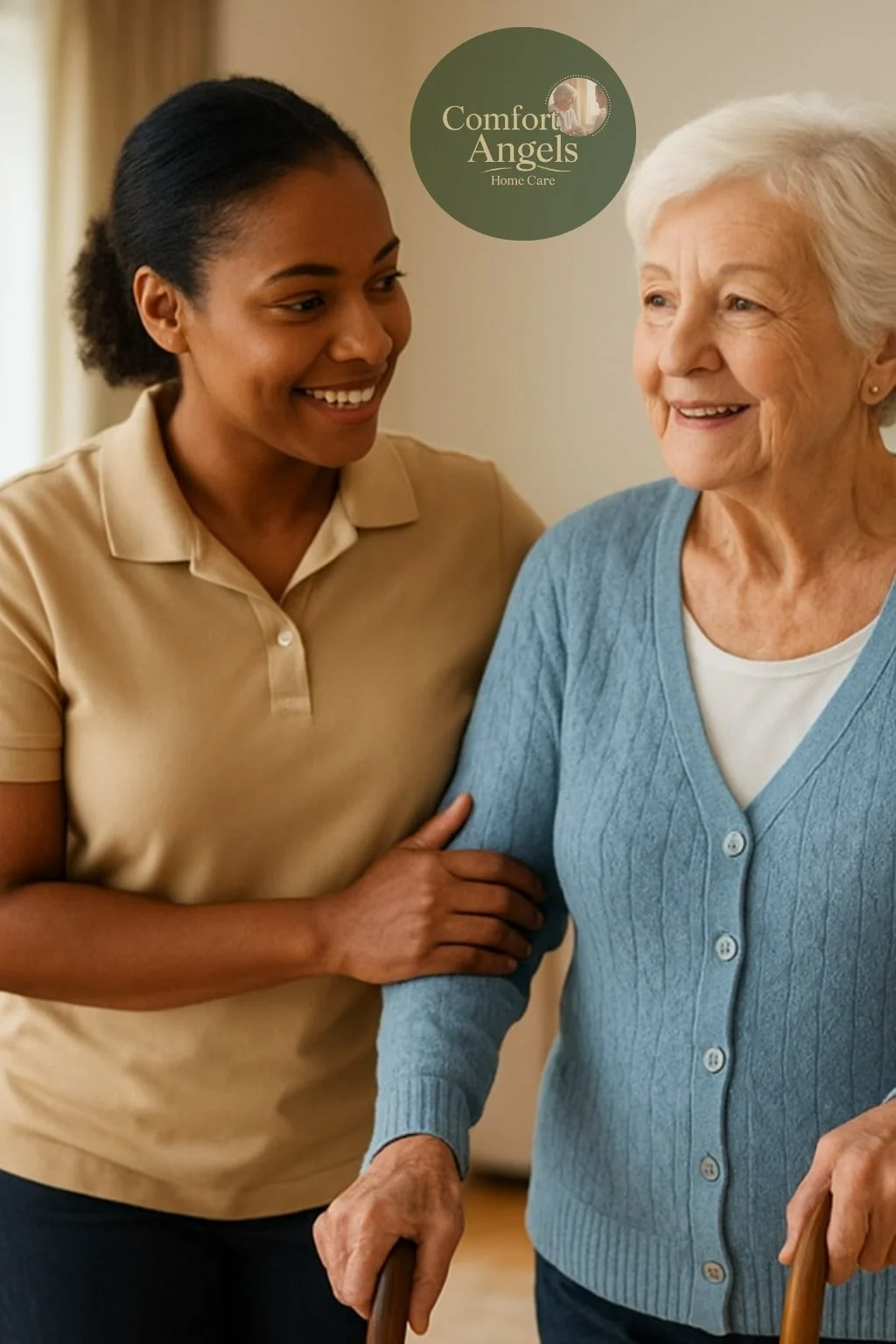 a smiling caregiver in a tan polo shirt supporting an elderly woman as she walks