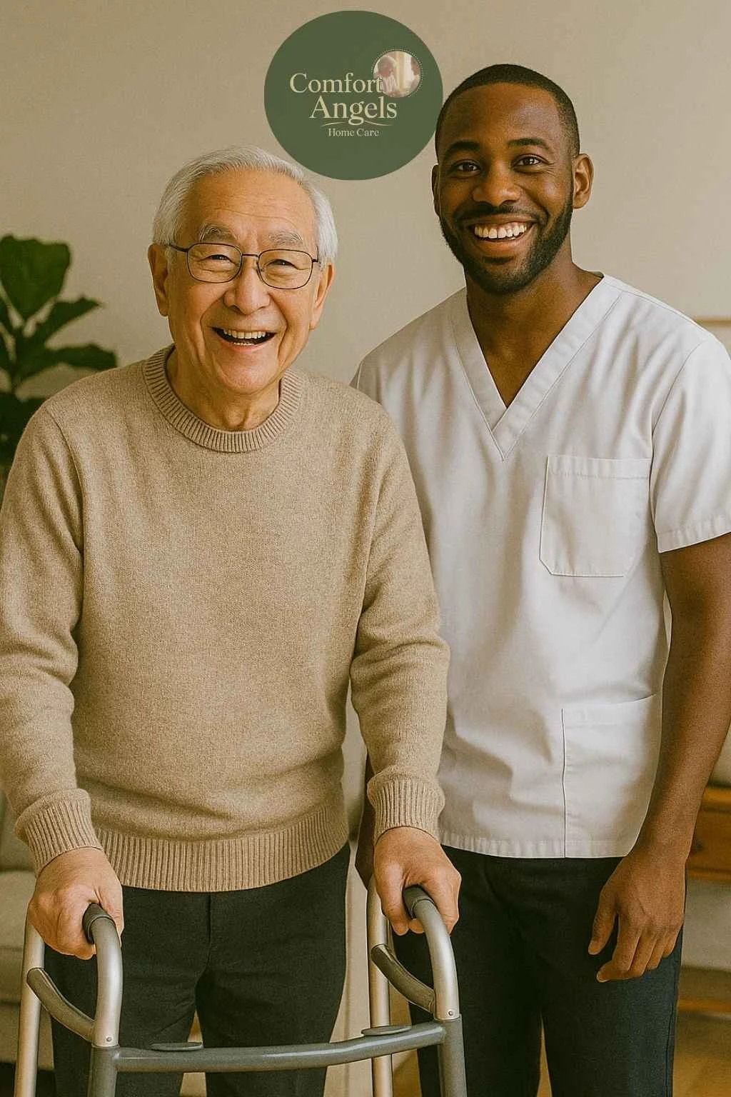 An elderly man with glasses using a walker and a smiling healthcare worker in a white uniform standing beside him, both indoors, with a green logo for Comfort Angels Home Care in the background.