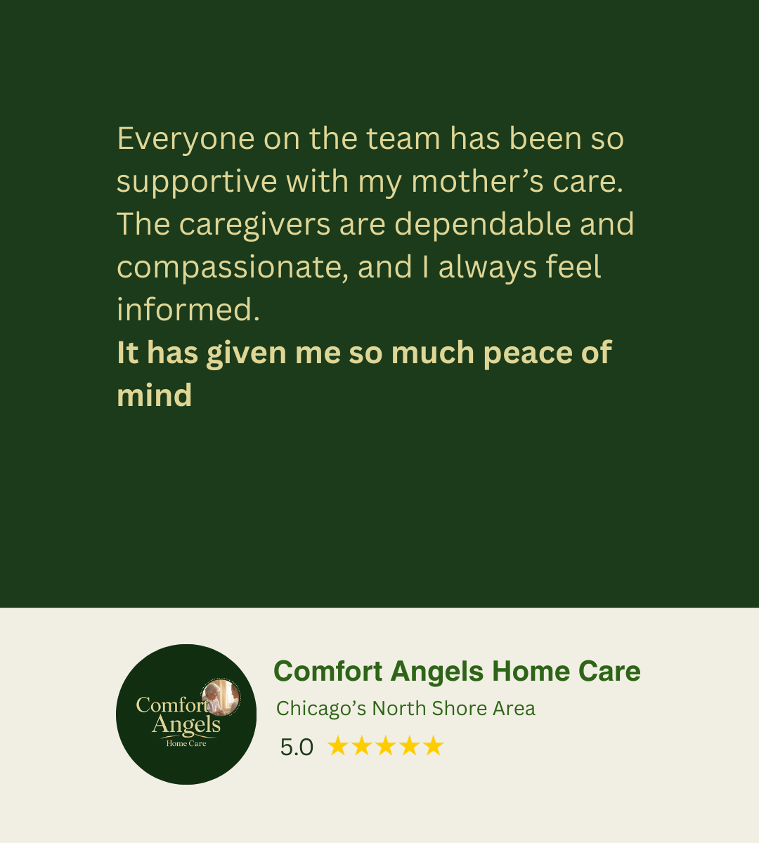 a review about how their care for their loved one has given them "so much peace of mind". The comfort angels home care logo, Chicago's north shore area with 5 stars rating
