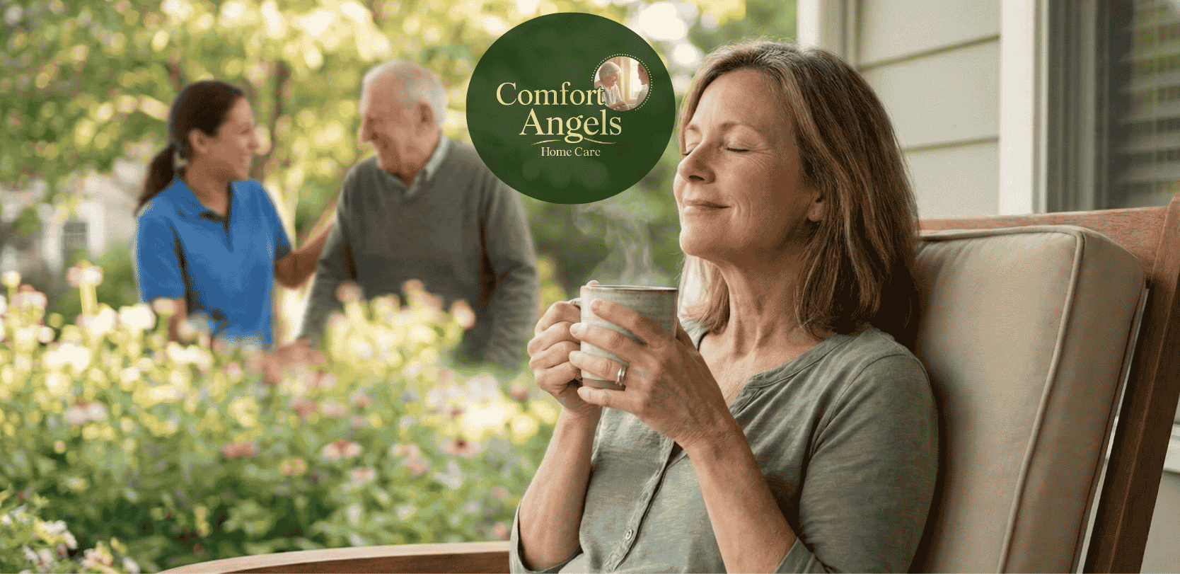 a woman outdoors with her eyes closed, peacefully holding a steaming mug of coffee or tea, while an elderly man is accompanied by a caregiver in the blurred background.