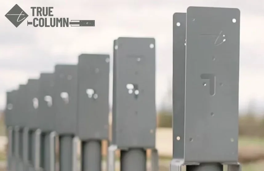 A row of gray mailbox posts with mailboxes, with one mailbox showing the letter G. The logo 'True-Column' is in the upper left corner.