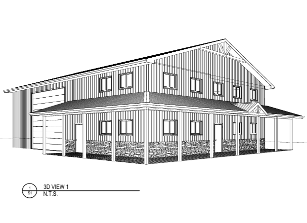 A two-story metal building with exterior lighting at night, featuring a porch with wooden support beams and a concrete floor.