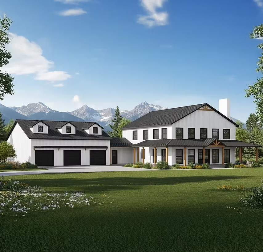 A modern two-story house with a large garage, surrounded by trees and a grassy lawn, with mountains in the background under a blue sky.