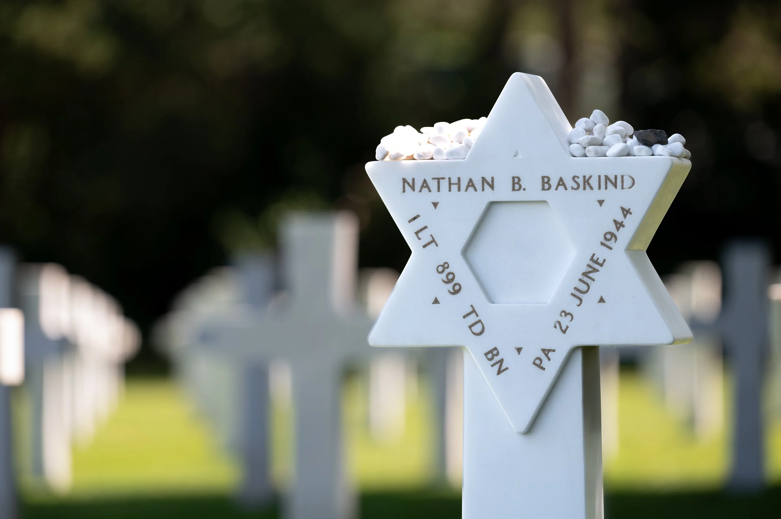 Memorial star-shaped gravestone for Nathan B. Baskind, inscribed with birth and death dates, surrounded by other similar gravestones in a cemetery.