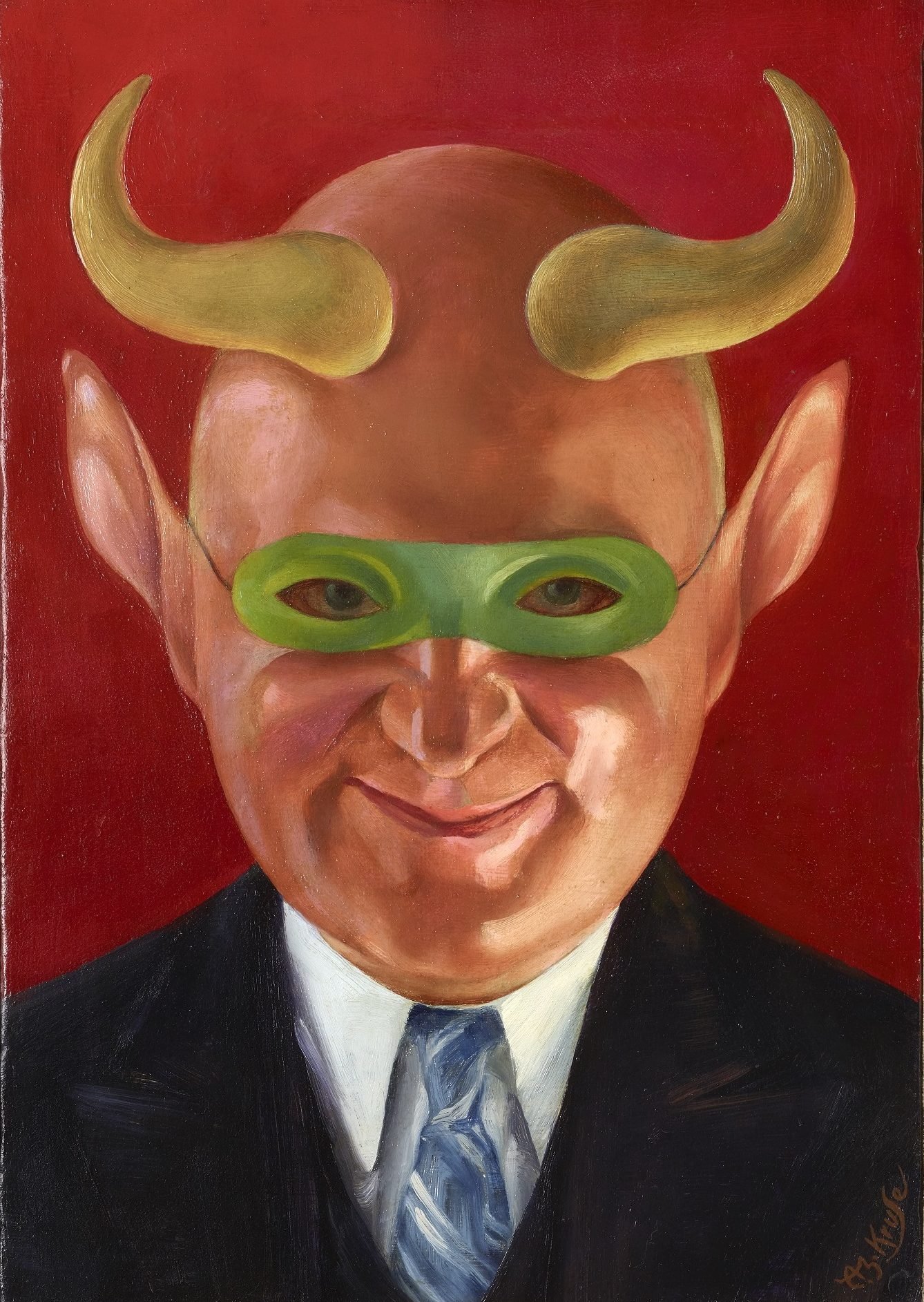 A portrait painting of a man with large ears, wearing a suit, a tie, a green mask, and golden horns against a red background.