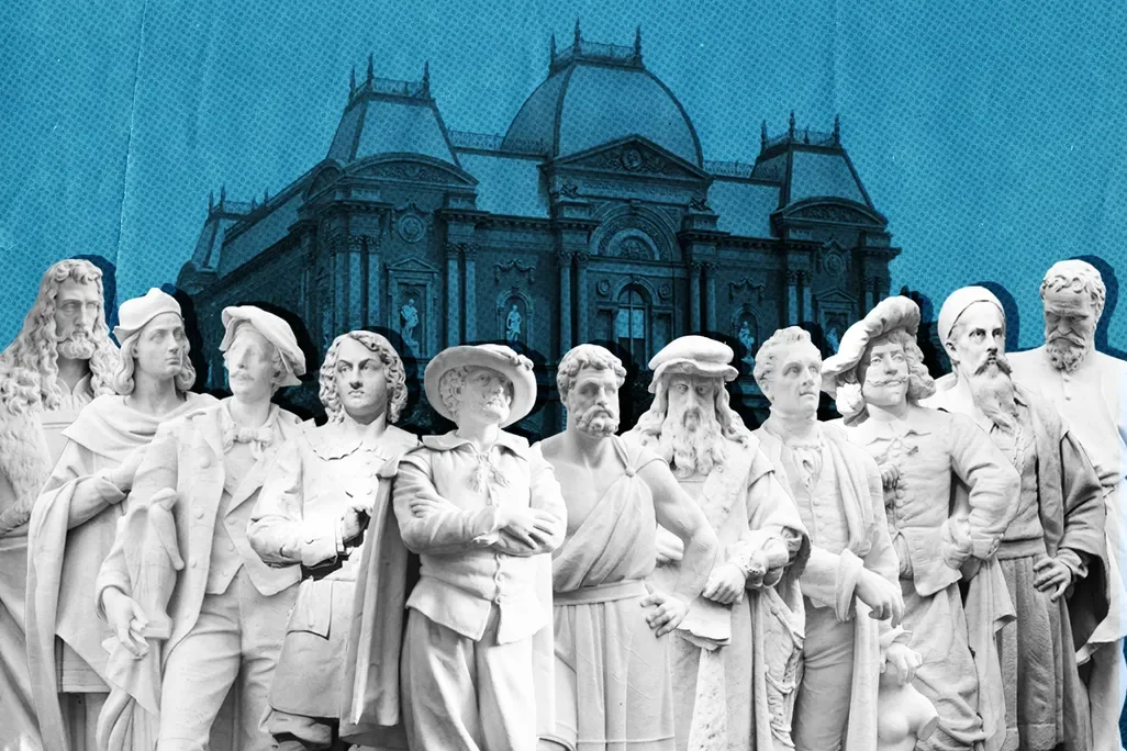 White statues of historical figures in front of a blue background featuring a large, ornate building with domes and towers.