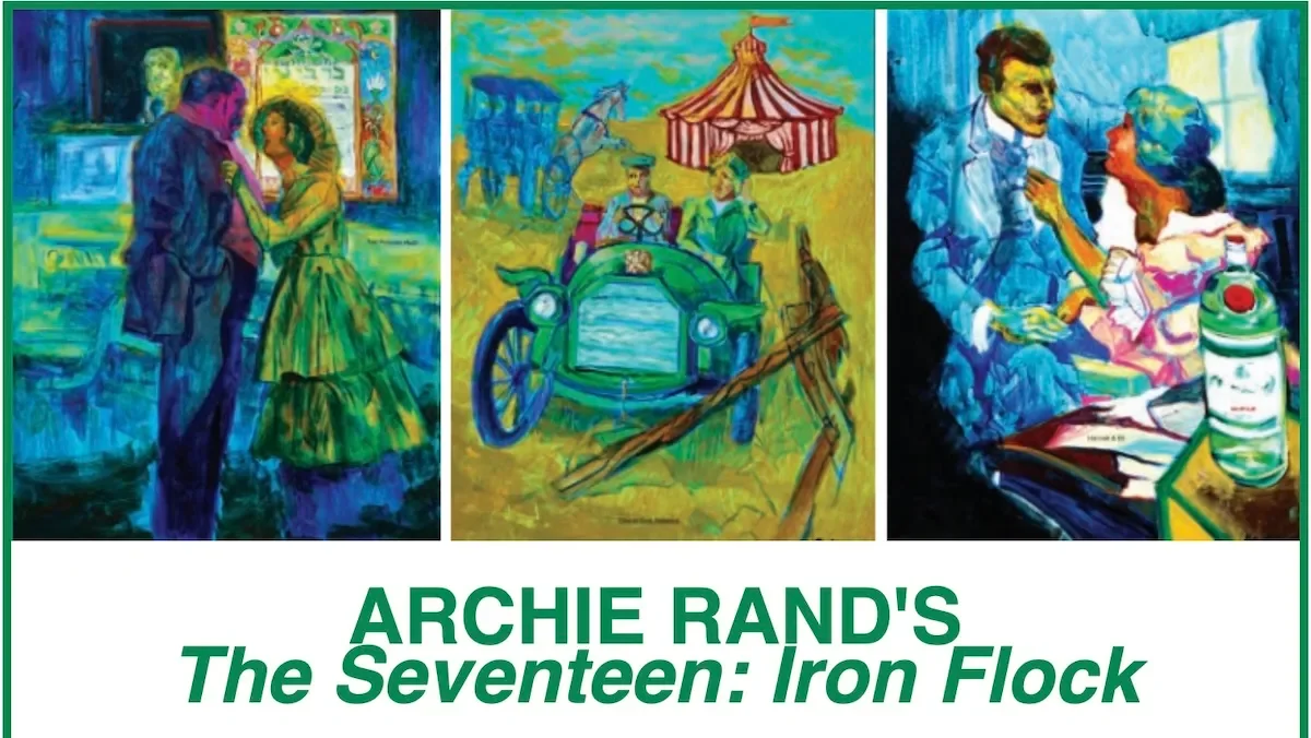 Three colorful paintings from Archie Rand's series "The Seventeen: Iron Flock" displayed side by side. The first painting depicts two people dance in front of a brightly illuminated cityscape. The second shows a vintage car in a grassy field with horses and a circus tent in the background. The third features a man and a woman at a table with doctor supplies in a vivid interior scene.