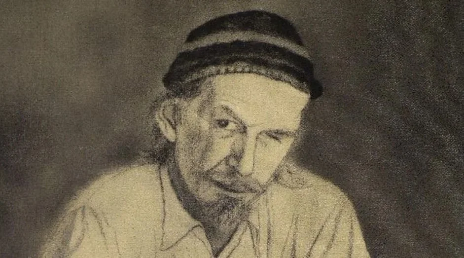 Sketch of a man with a striped hat, winking, smoking a pipe, wearing a collared shirt