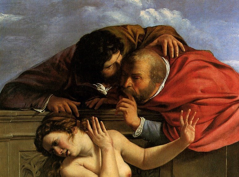 A religious painting depicting three figures, with one female in the foreground, two men above her leaning over. The scene has a dramatic, intense expression.