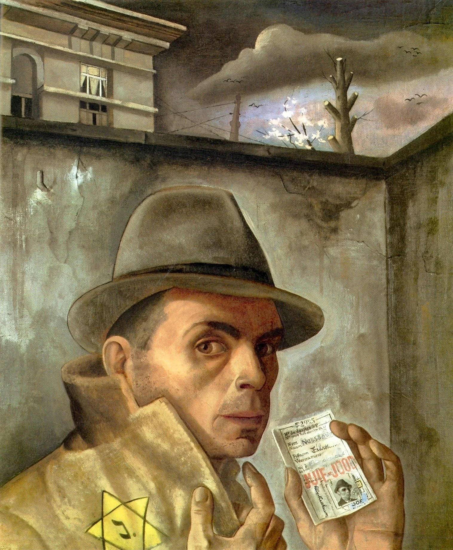 A hyper-realistic mural of a man in a trench coat and fedora holding a vintage identification card. The background shows a corner of a building with peeling paint, a leafless tree, dark clouds, and birds flying.