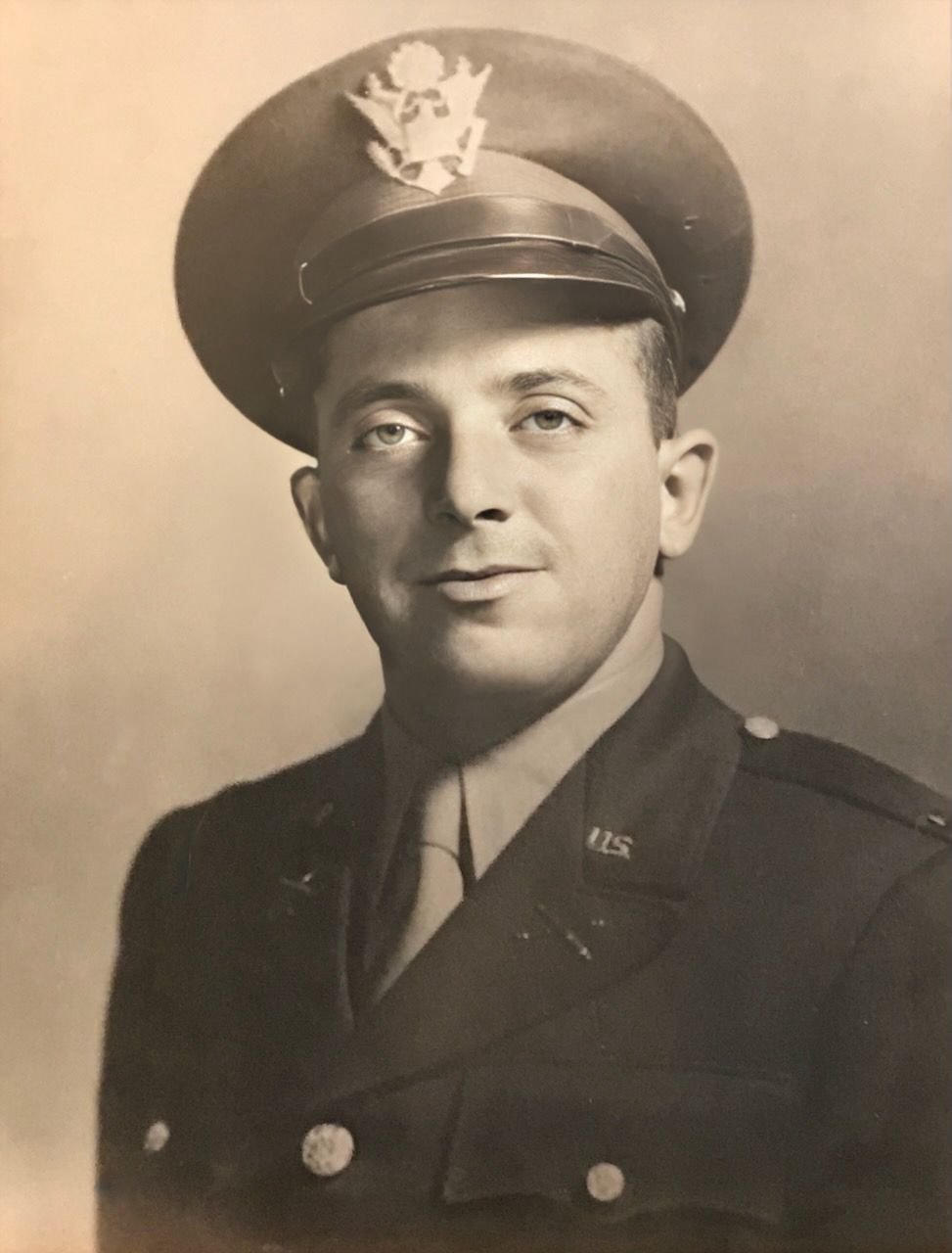Black and white portrait of Nathan Baskind in his military uniform.