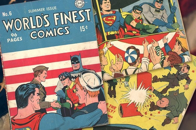 A vintage comic book titled 'World's Finest Comics' with Batman and Robin on the cover, surrounded by other comic books featuring superhero scenes.