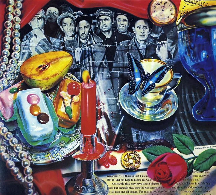 A colorful collage featuring a black and white photo of five men in the background, surrounded by various objects including a butterfly, a red candle, a pineapple, a slice of cake, a string of pearls, a pocket watch, a blue glass orb, and a red rose, with a patch of text at the bottom.
