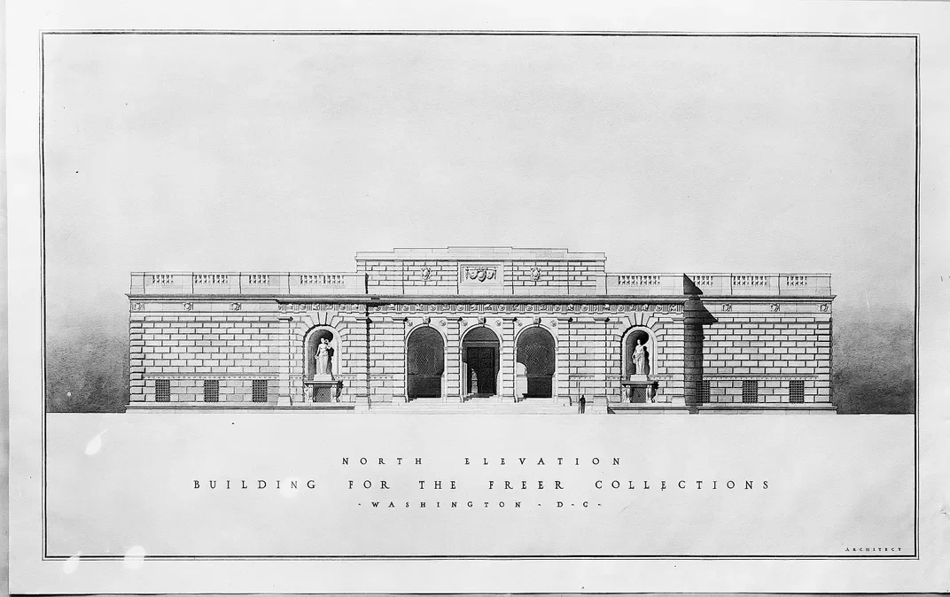 Blueprint drawing of the north elevation of a neoclassical building for the Freer Collections in Washington D.C.