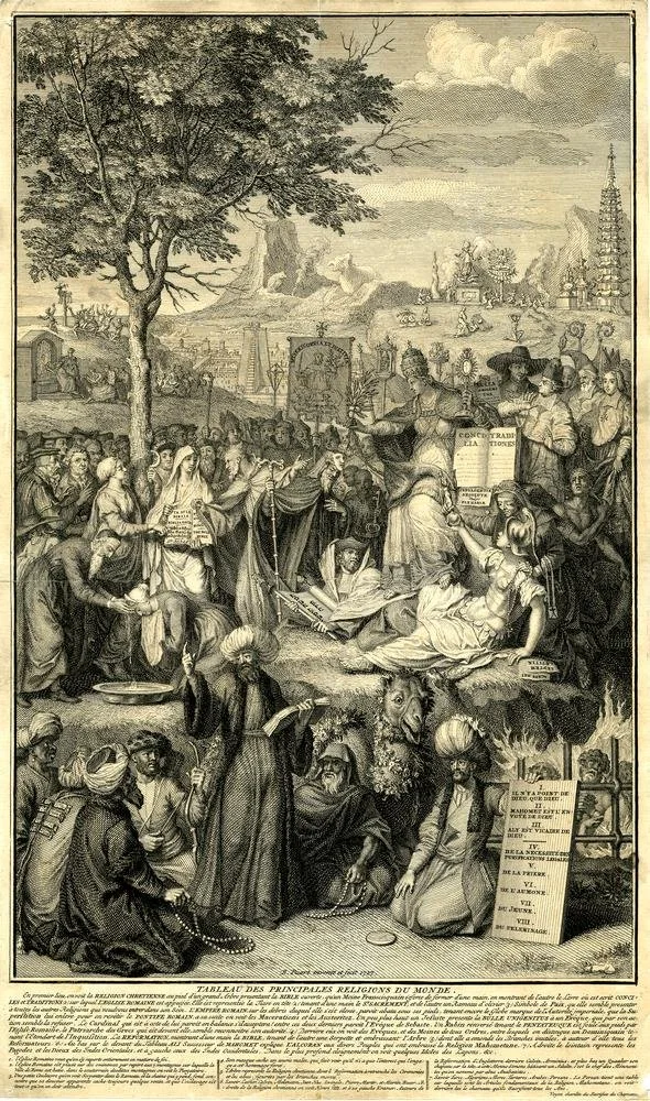 A detailed black-and-white illustration depicting various religious and cultural scenes and figures from different world religions, organized in a tableau format, with a large tree in the center and a pagoda in the background.