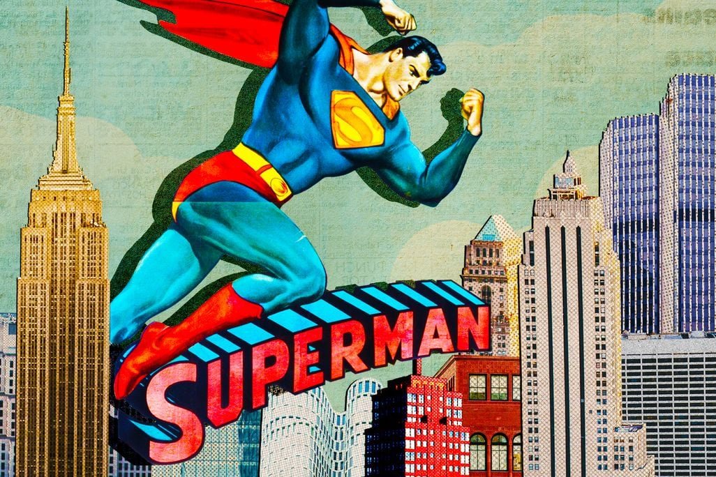 Comic-style Superman flying over New York City skyline with the logo notice.