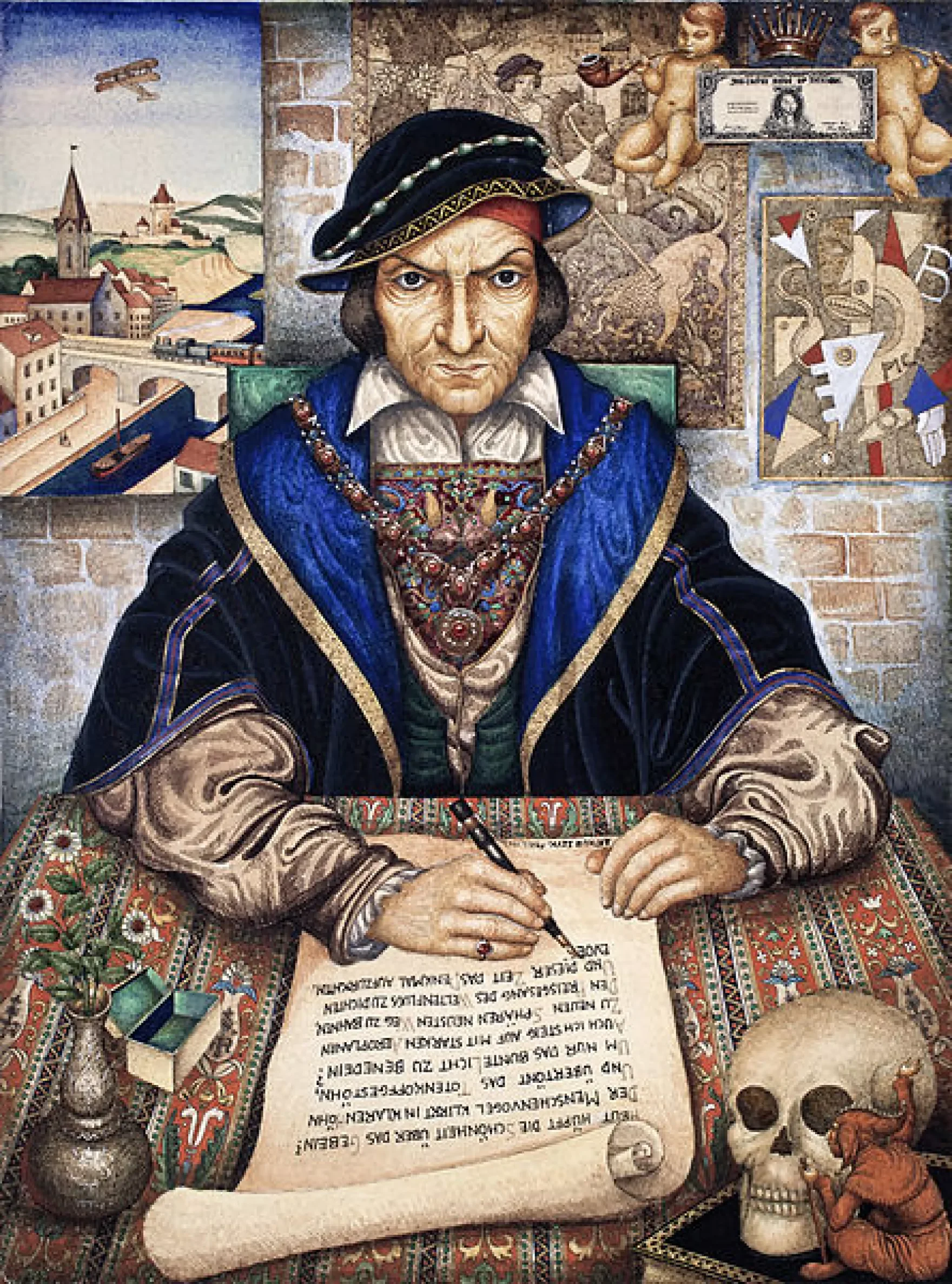 A painting of William Shakespeare sitting at a desk, writing on parchment. He is dressed in medieval clothing with a decorated necklace and a dark hat. On the desk are a skull, some small boxes, and a quill. The background features brick walls adorned with various artworks and a window showing a cityscape with a canal and boats.