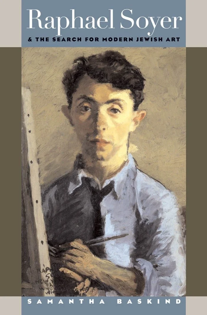 Book cover titled "Raphael Soyer & The Search for Modern Jewish Art" by Samantha Baskind, featuring a portrait of a young man with dark, curly hair holding a paintbrush, standing next to an easel.