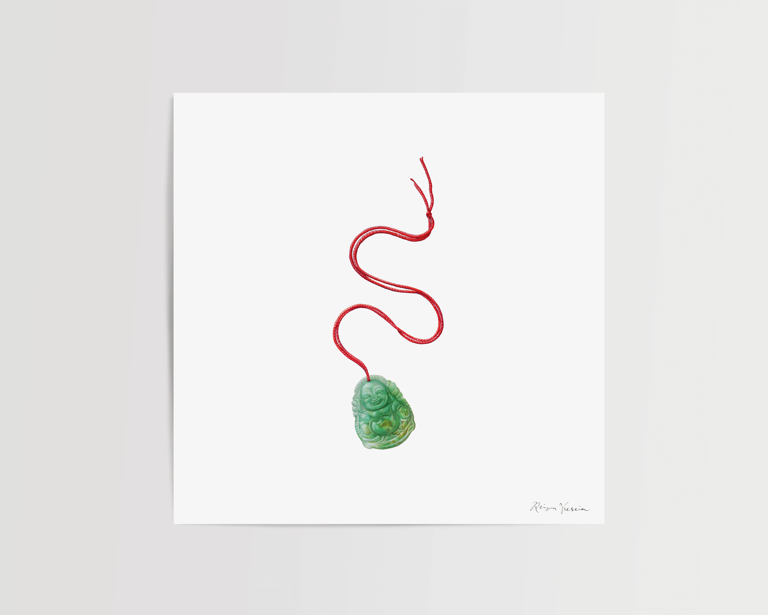 jade buddha pendant on red string hyperrealism drawing reigan viescia