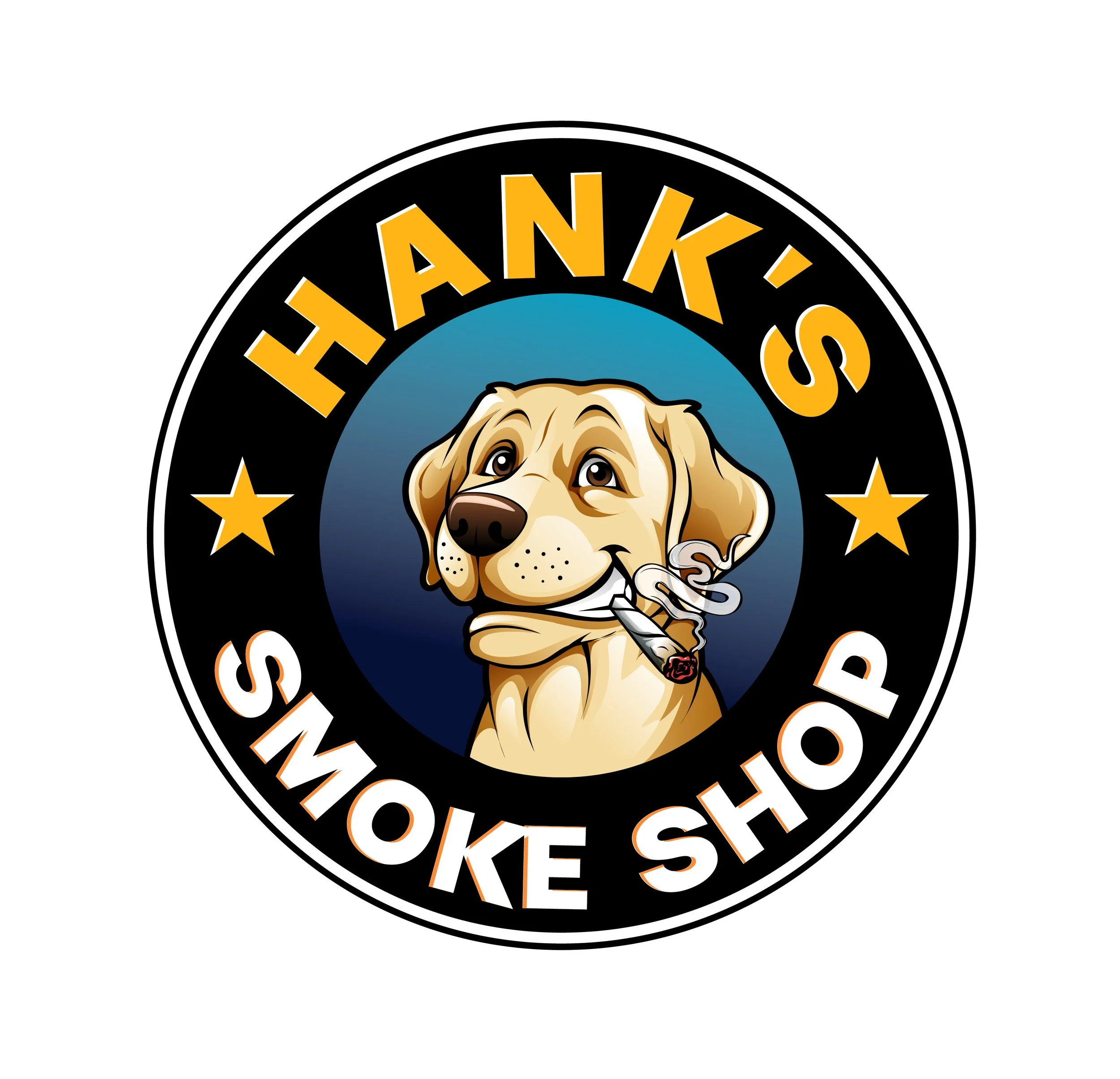 A circular logo with a cartoon dog smoking a cigar, with the text "HANK'S SMOKE SHOP" around the dog, which is set against a blue gradient background.