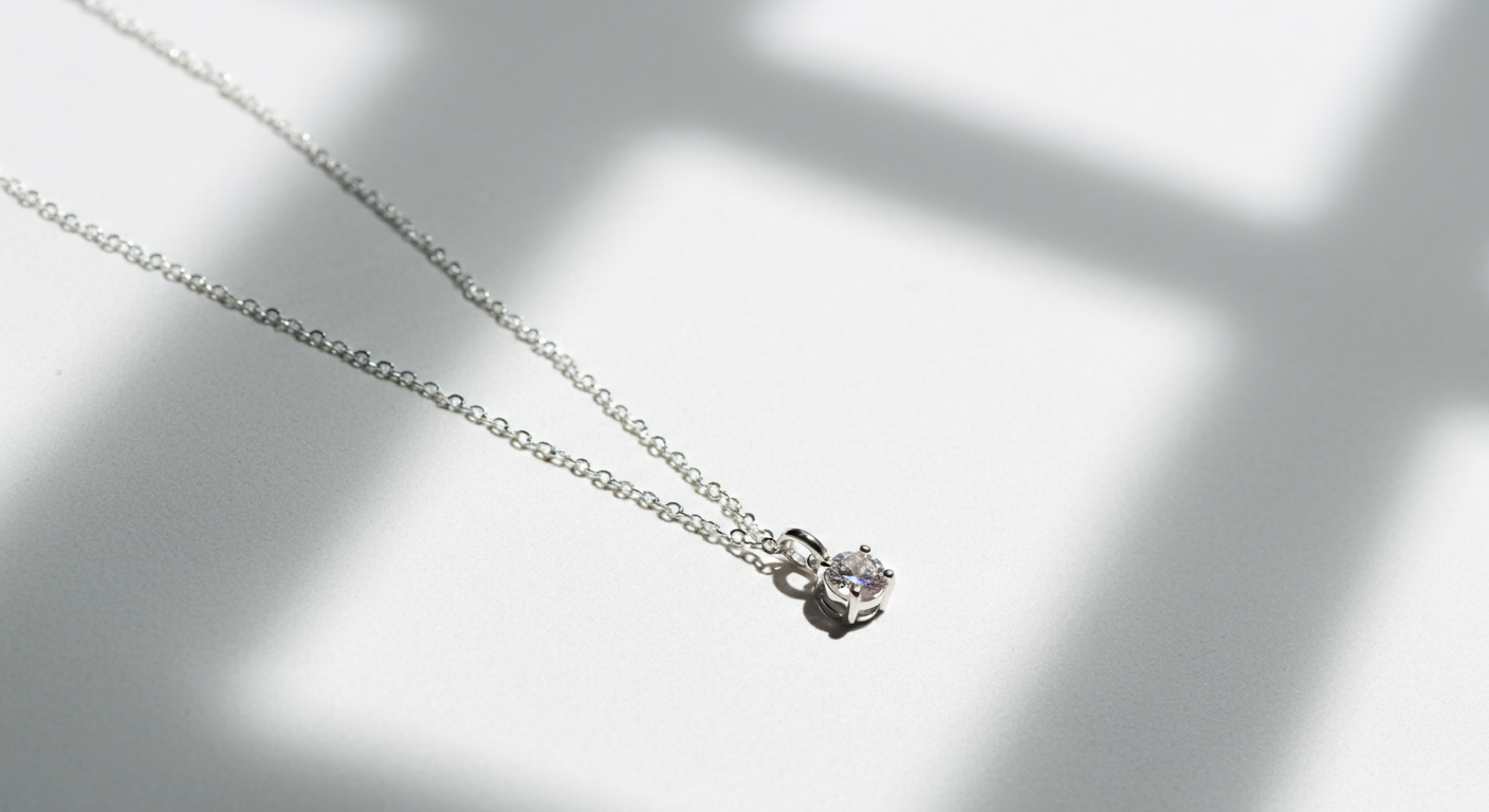 Silver necklace with a solitaire diamond pendant on a white surface with soft shadows.