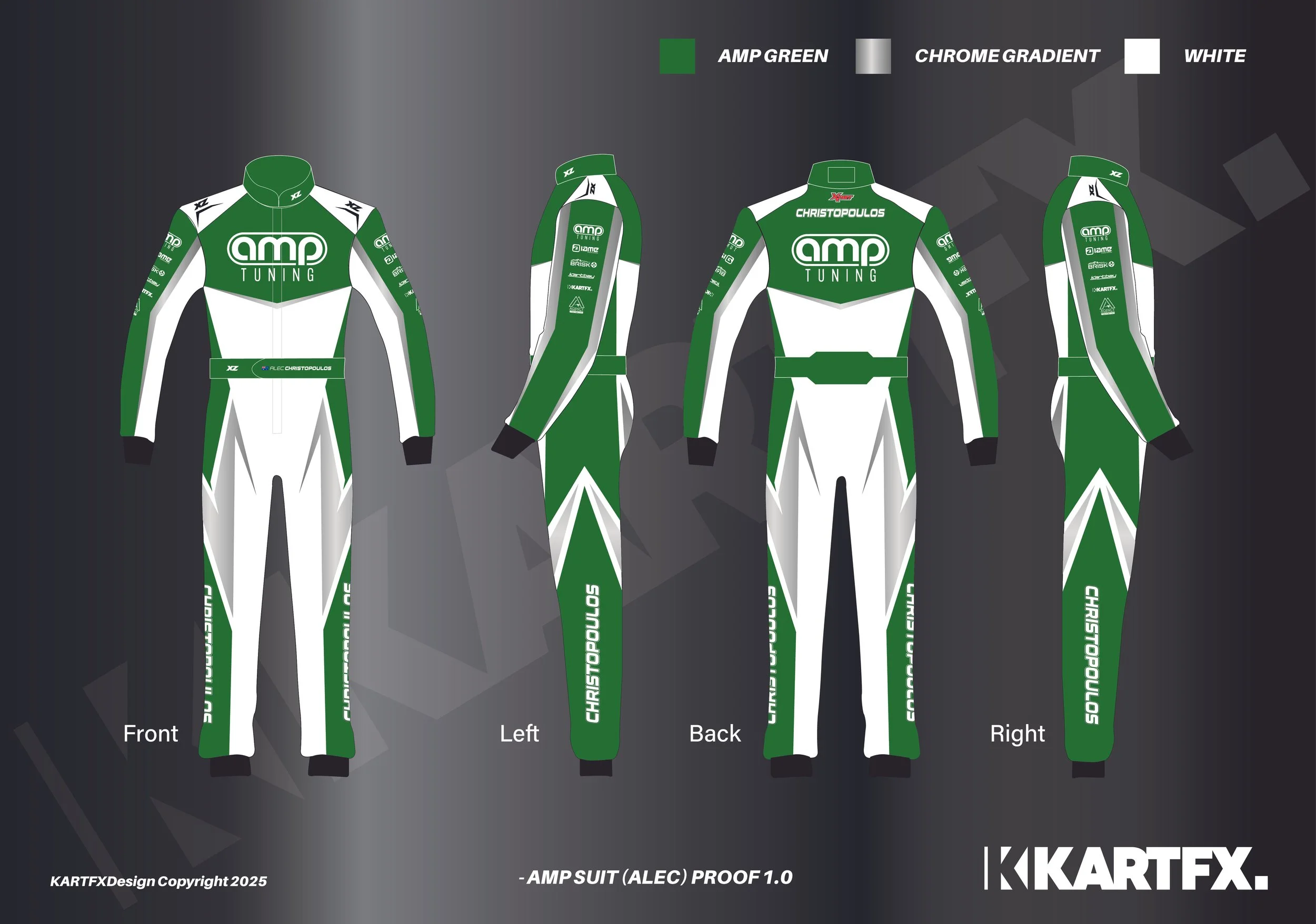 Design of a racing suit with front, left, back, and right views. The suit is green, white, and chrome gradient with sponsor logos and the name 'Chris Topoulos' on the back and left leg. The suit features the AMP Tuning logo on the chest and back.